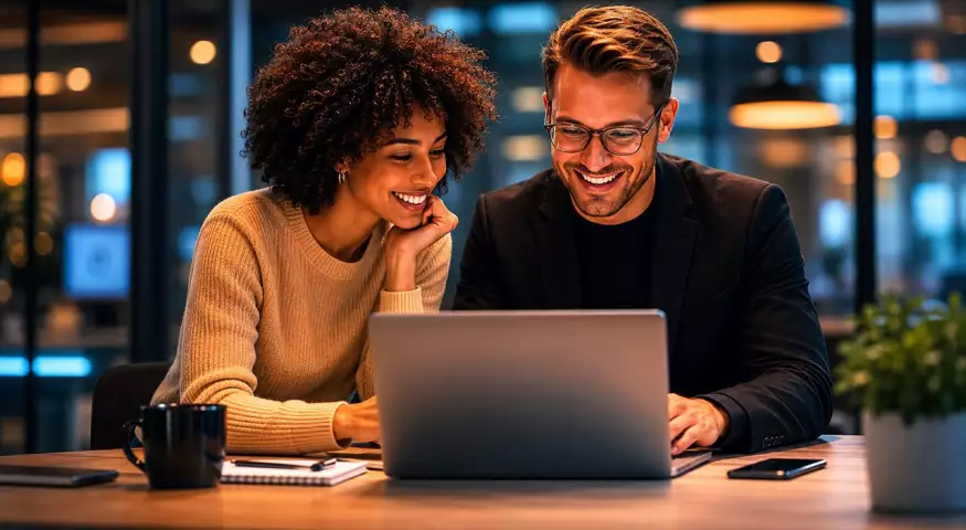 Weiterbildungsteam arbeitet gemeinsam an einem Laptop