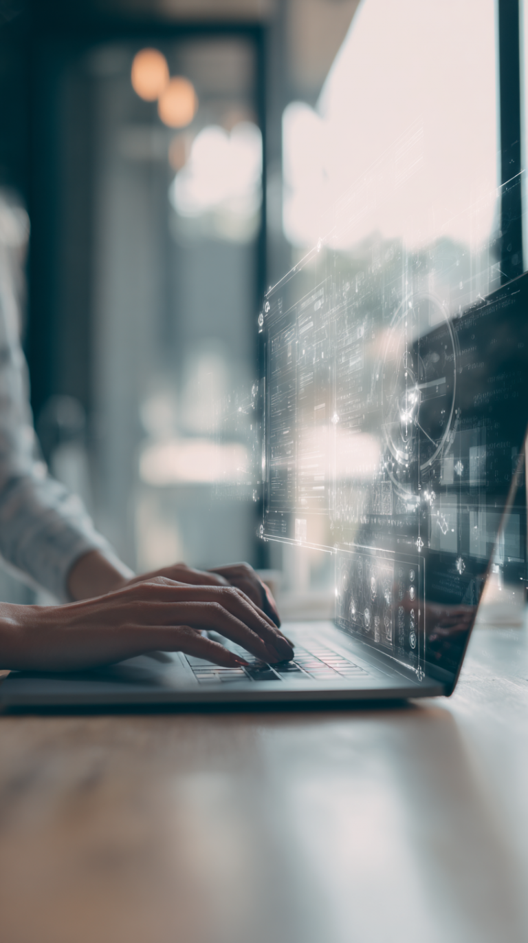 Hände an einem Laptop mit virtueller KI-Projektion