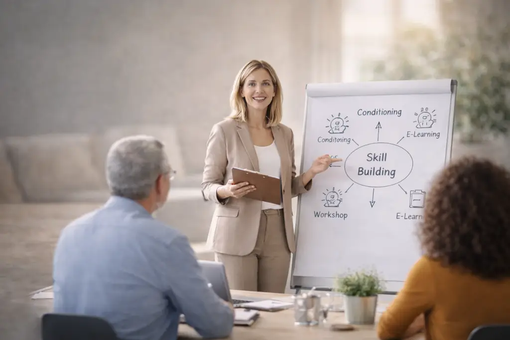Frau steht als Dozentin neben einem Flipchart
