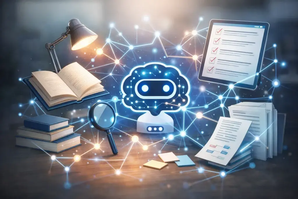 KI als Hirn mit Büchern und Laptops umgeben