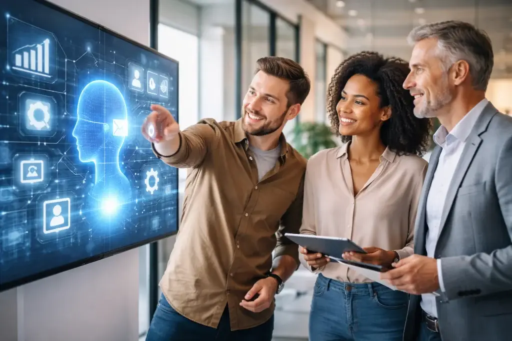 Drei Personen stehen mit Tablet beim KI-Training