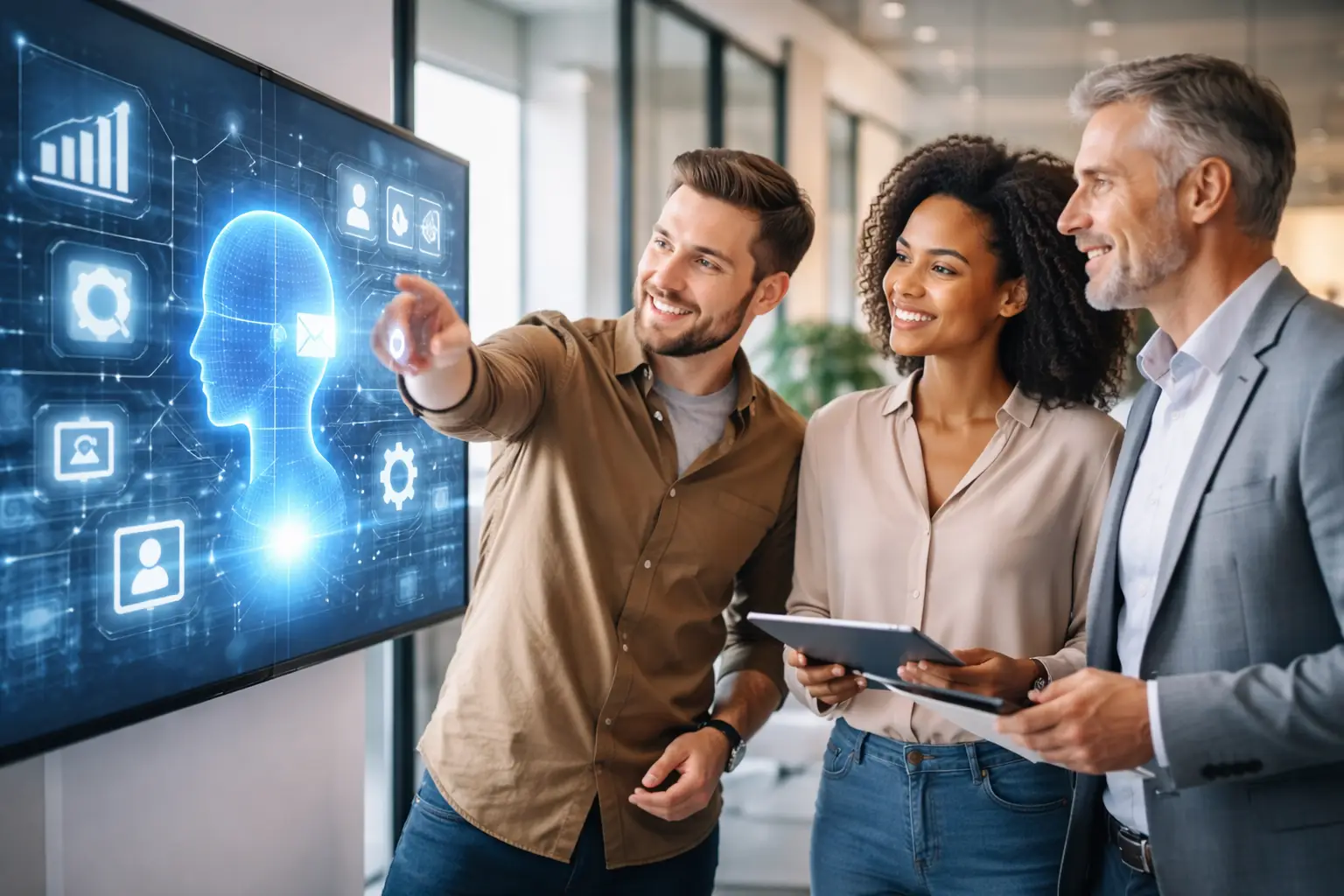 Drei Personen stehen mit Tablet beim KI-Training