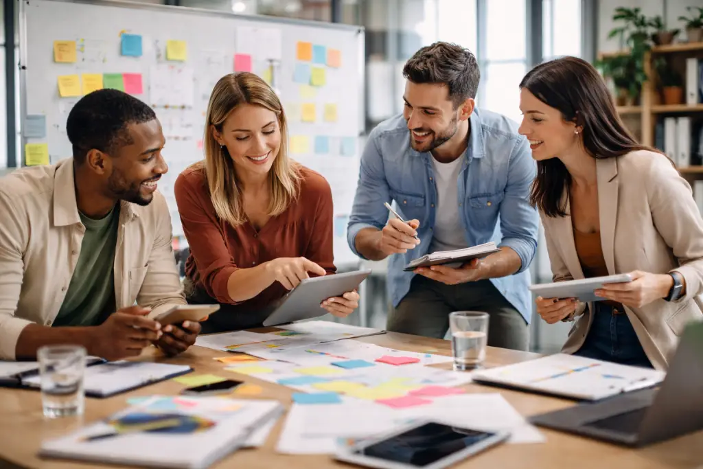 Eine Gruppe lernt an einem Tisch mit Tablets und Notizen.