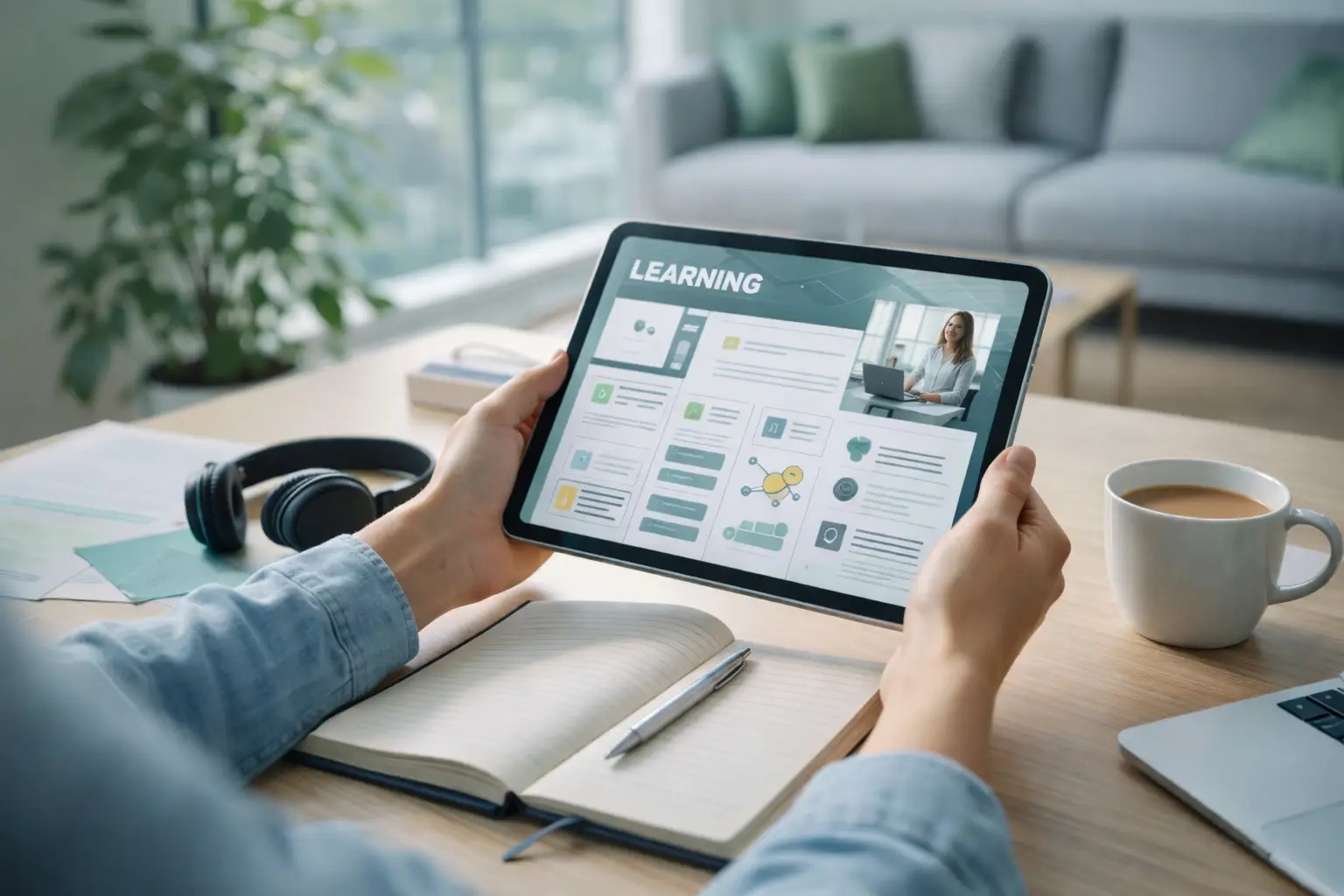 Zwei Hände halten ein Tablet mit Online-Lernen