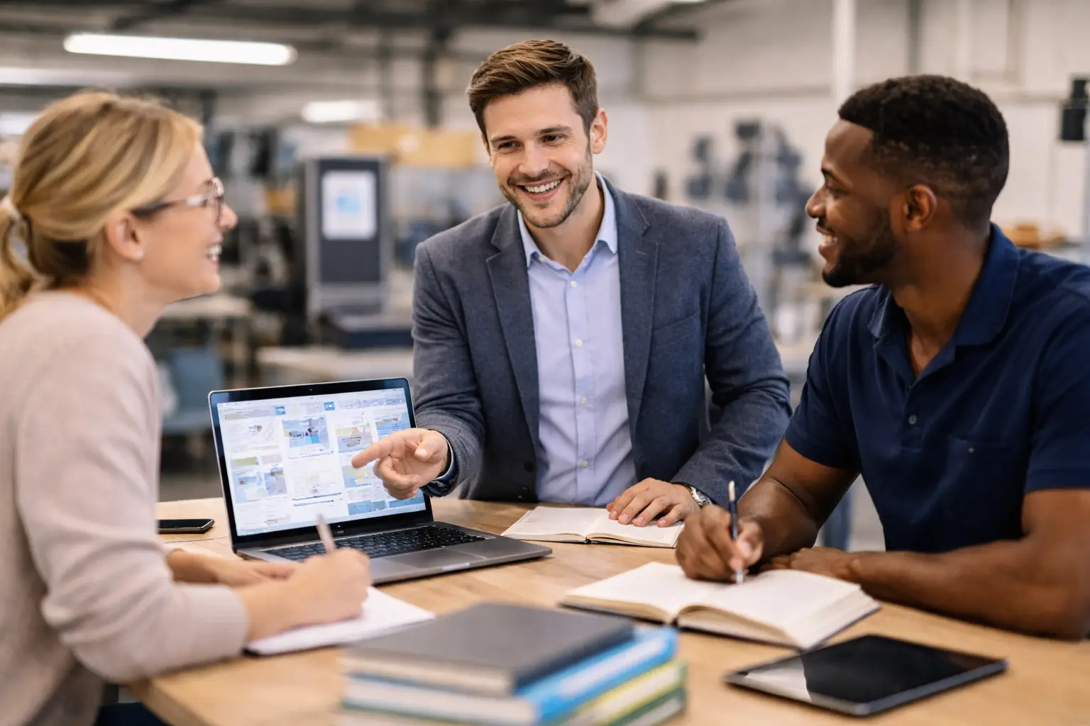 Drei Menschen lernen zusammen am Tisch