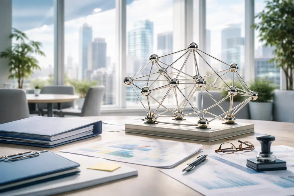 Ein Kugelnetzwerk auf einem Arbeitsschreibtisch mit IHK-Unterlagen