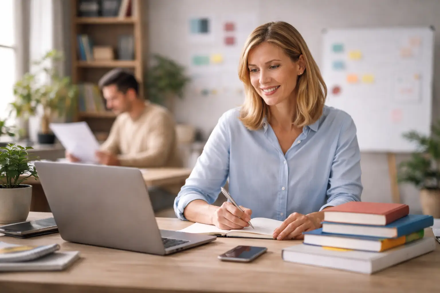 Frau mit Notizblock, Smartphone und Laptop am Schreibtisch.