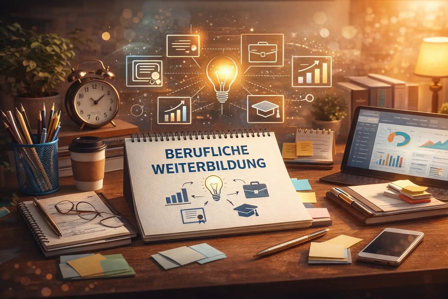 Ein voller Schreibtisch mit Utensilien zur beruflichen Weiterbildung.