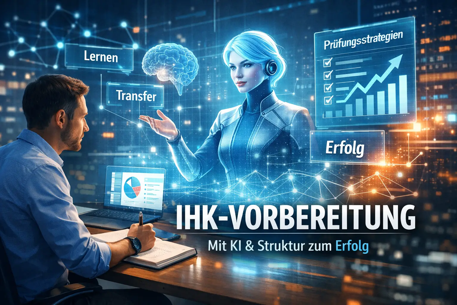 KI-Hologramm mit davor sitzendem Mann bei der IHK-Vorbereitung mit KI