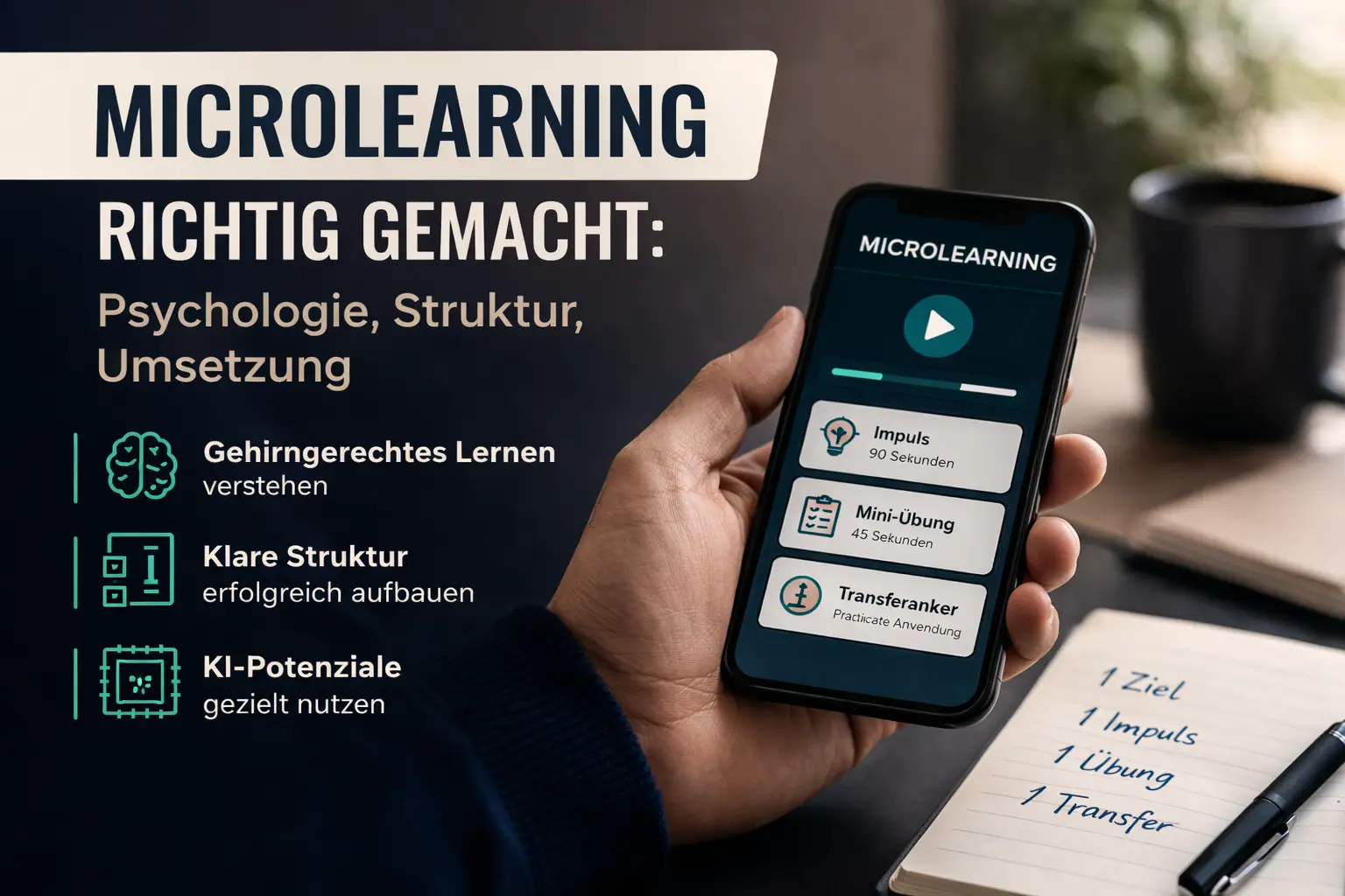 Microlearning-Informationen neben einer Hand, die ein Smartphone hält.