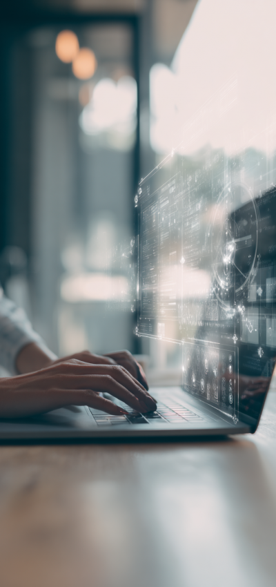 Hände an einem Laptop mit virtueller KI-Projektion